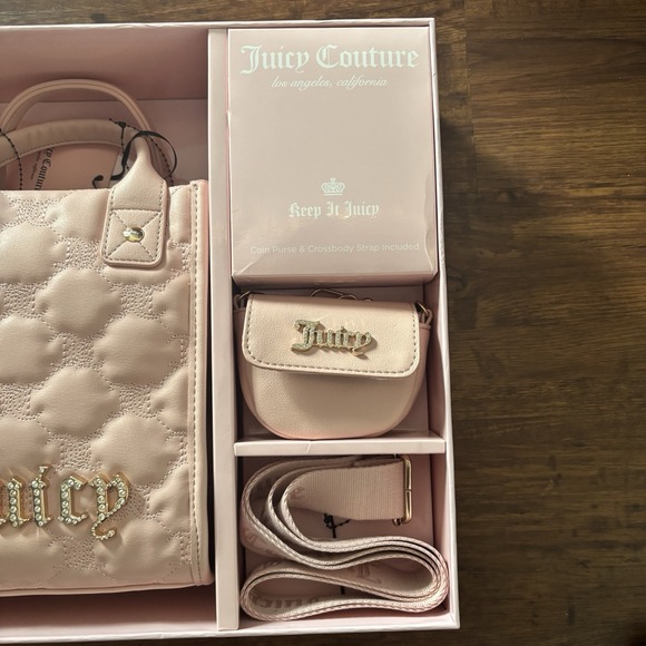 NWT Juicy Couture 3 Piece Set Quilted Pink‎ Diamond - Coin Purse/Shoulder Strap